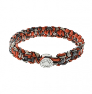 Pre Owned Hermes Kid Silk Orange Multiprint Braided Cord Toggle Bracelet