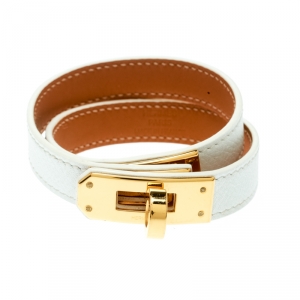 Pre Owned Hermes Kelly Double Tour White Leather Gold Plated Wrap Bracelet