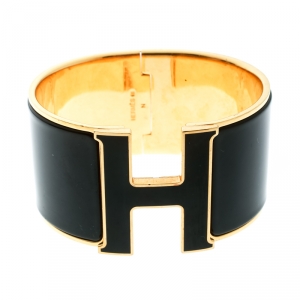 Pre Owned Hermes Clic Clac H Black Enamel Gold Plated Extra Wide Bracelet GM