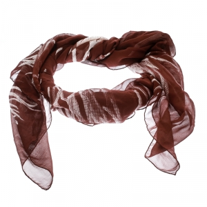 Pre Owned Hermes Brown and White Floral Print Silk Chiffon Square Scarf