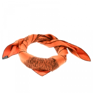 Pre Owned Hermes Orange Silk Grass Printed Scarf 