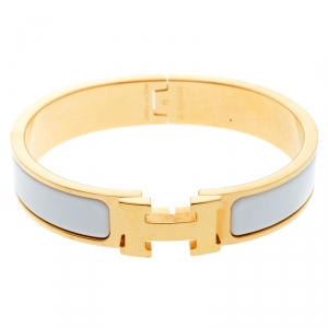 Pre Owned Hermes Clic Clac H White Enamel Gold Plated Narrow Bracelet PM