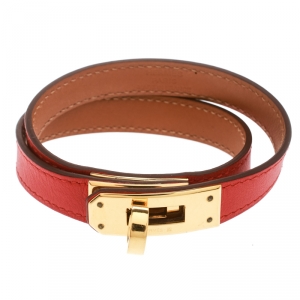 Hermes Kelly Double Tour Orange Leather Gold Plated Wrap Bracelet M