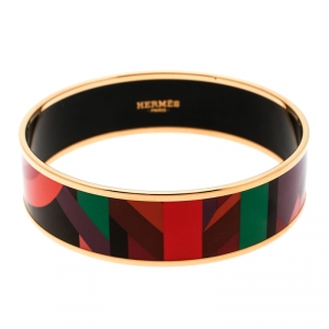 Pre Owned Hermes Perspective Cavaliere Multicolor Enamel Gold Plated Wide Bangle Bracelet