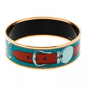 Pre Owned Hermes Blue Belt Motif Enamel Gold Plated Wide Bangle Bracelet