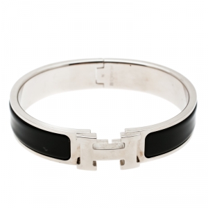 Pre Owned Hermes Clic Clac H Black Enamel Palladium Plated Narrow Bracelet PM