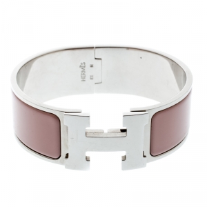 Pre Owned Hermes Clic Clac H Blush Pink Enamel Palladium Plated Wide Bracelet PM