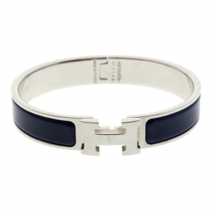 Pre Owned Hermes Clic Clac H Blue Indigo Enamel Palladium Plated Narrow Bracelet PM