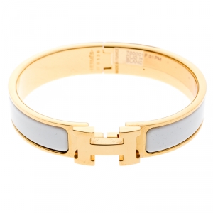 Pre Owned Hermes Clic Clac H White Enamel Gold Plated Narrow Bracelet PM