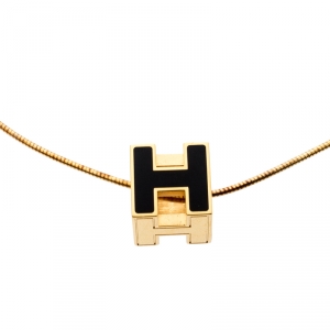Pre Owned Hermes Cage d'H Black Enamel Gold Plated Pendant Necklace