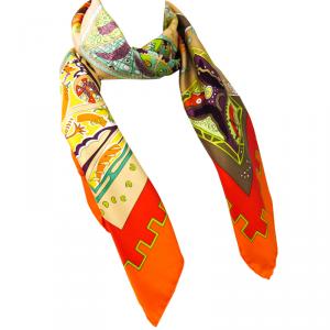 Pre Owned Hermes Orange Printed La MÃ©canique Des IdÃ©es Silk Square Scarf 