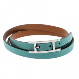Pre Owned Hermes Hapi 3 Light Blue Leather Palladium Plated Wrap Bracelet M