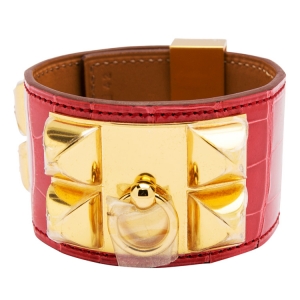 Pre Owned Hermes Collier De Chien Red Alligator Leather Gold Plated Cuff Bracelet S