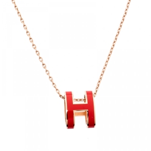 Pre Owned Hermes Pop H Pink Lacquered Rose Gold Plated Pendant Necklace