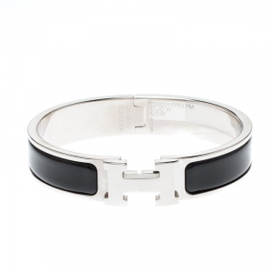 Pre Owned Hermes Clic-Clac H Black Enamel Palladium Plated Narrow Bracelet PM