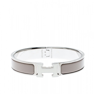 Pre Owned Hermes Clic-Clac H Grey Enamel Palladium Plated Narrow Bracelet GM