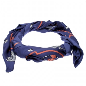 Pre Owned Hermes Blue Les Clefs Printed Silk Square Scarf