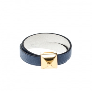 Pre Owned Hermes Medor Infini Blue Leather Gold Tone Double Tour Bracelet