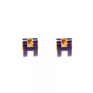 Pre Owned Hermes Pop H Purple Lacquered Gold Plated Stud Earrings