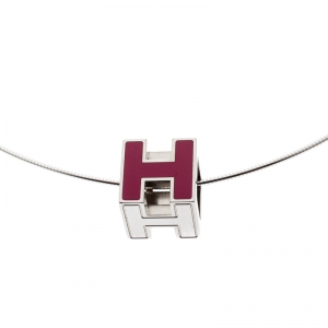Pre Owned Hermes Cage d'H Pink Lacquer Palladium Plated Pendant Necklace