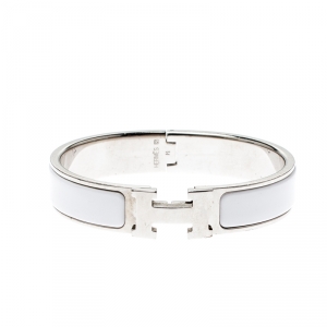 Pre Owned Hermès Clic H White Enamel Palladium Plated Narrow Bracelet PM