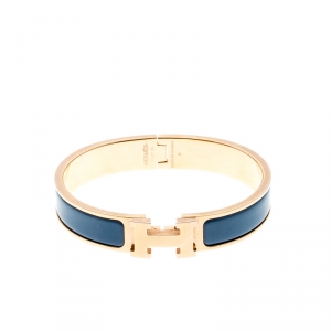 Pre Owned Hermes Clic Clac H Blue Enamel Gold Plated Narrow Bracelet PM