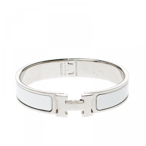 Pre Owned Hermès Clic H White Enamel Palladium Plated Narrow Bracelet PM