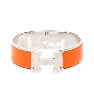 Pre Owned Hermès Clic Clac H Orange Enamel Palladium Plated Wide Bracelet GM
