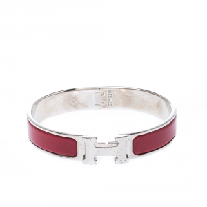 Pre Owned Hermes Clic Clac H Red Enamel Palladium Plated Narrow Bracelet GM