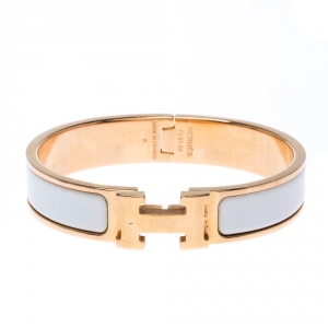Pre Owned Hermes Clic Clac H White Enamel Gold Plated Narrow Bracelet PM