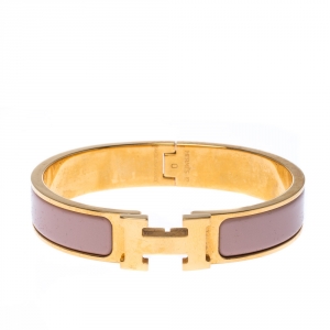 Pre Owned Hermes Clic Clac H Dusty Pink Enamel Gold Plated Narrow Bracelet PM