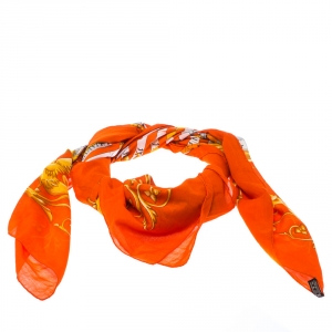 Pre Owned Hermes Orange Zodiac Print Cotton Scarf