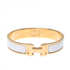 Pre Owned Hermes Clic Clac H White Enamel Gold Plated Narrow Bracelet PM