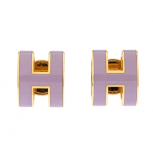 Pre Owned Hermes Pop H Lavender Lacquered Gold Plated Stud Earrings