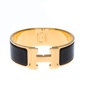 Pre Owned Hermes Clic Clac H Black Enamel Palladium Plated Wide Bracelet PM