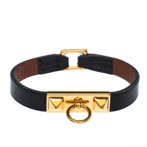 Pre Owned Hermes Micro Rivale Black Leather Gold Plated Bracelet XS