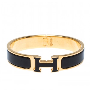 Pre Owned Hermes Clic Clac H Black Enamel Gold Plated Narrow Bracelet PM