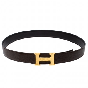 Pre Owned Hermes Etain/Black Epsom and Box Calf Leather Guillochee H Buckle Reversible Belt 90CM