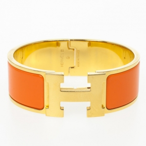Pre Owned Hermes Clic-Clac H Orange Enamel Gold Plated Bracelet