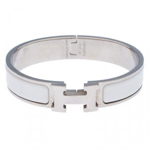 Pre Owned Hermes Clic Clac H White Enamel Palladium Plated Narrow Bracelet PM
