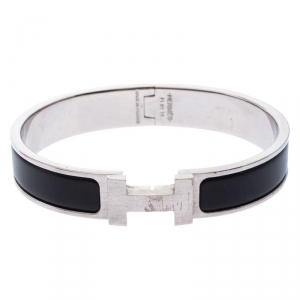 Pre Owned Hermes Clic H Black Enamel Palladium Plated Narrow Bracelet GM