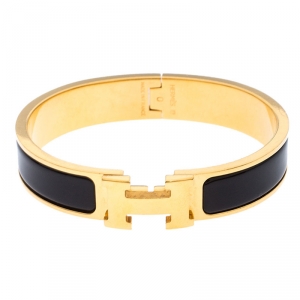Pre Owned Hermes Clic Clac H Black Enamel Gold Plated Narrow Bracelet PM