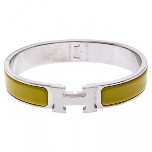 Pre Owned Hermes Clic Clac H Yellow Enamel Palladium Plated Narrow Bracelet PM