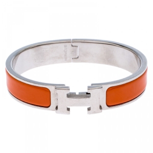 Pre Owned Hermes Clic H Orange Enamel Palladium Plated Bracelet PM