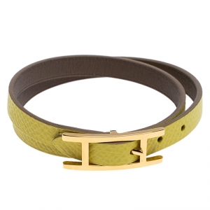Pre Owned Hermes Lime Green and Grey Leather Behapi Reversible Double Tour Bracelet M