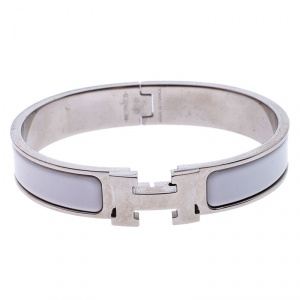 Pre Owned Hermès Clic H White Enamel Palladium Plated Narrow Bracelet GM