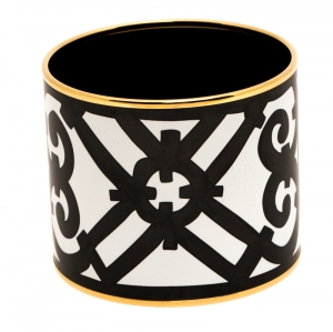Pre Owned Hermes Monochrome Printed Enamel Gold Plated Extra Wide Bangle Bracelet