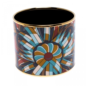 Pre Owned Hermes Multicolor Printed Enamel Gold Plated Extra Wide Bangle Bracelet