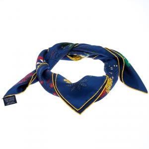 Pre Owned Hermes Navy Blue Cache Cache Fleuri Printed Silk Scarf