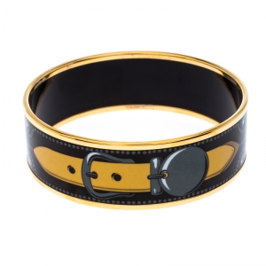 Pre Owned Hermes Black Printed Enamel Gold Plated Wide Bangle Bracelet